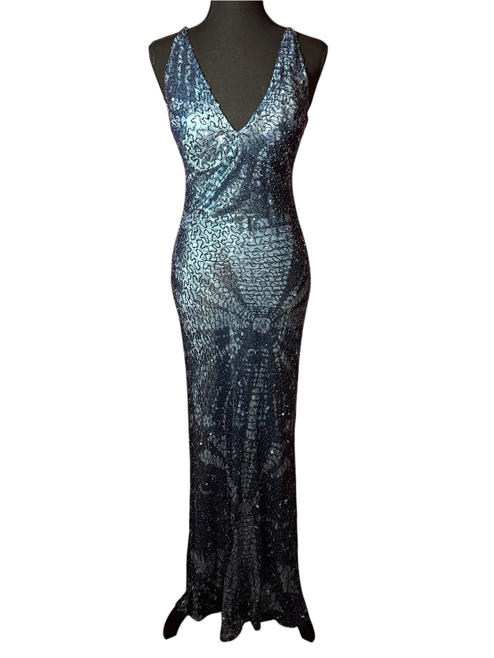 Vintage Gilar 100% Silk Beaded Gown Blue Black Size 0 Maxi Formal Dress hoco y2k
